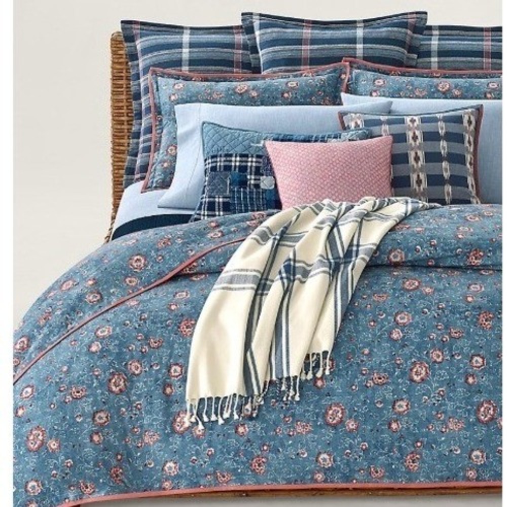 Ralph Lauren Indigo Traveler King Duvet Cover Floral Cotton Discontinued Vintage
